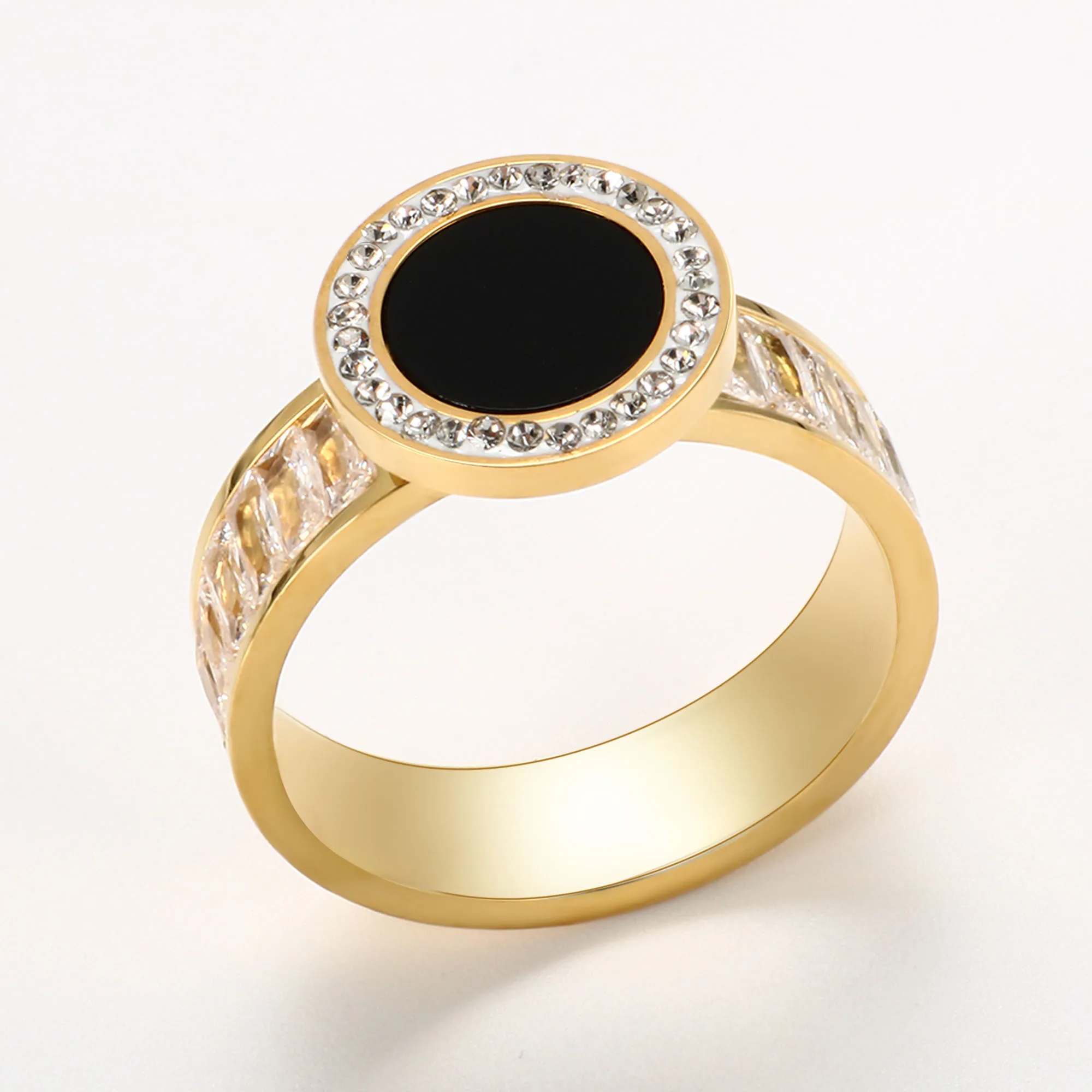

Trendy PVD Gold Plated Square Cubic Zirconia Wedding Rings For Women Wide Band Stainless Steel Engagement Finger Ring, Steel, gold and rose gold color