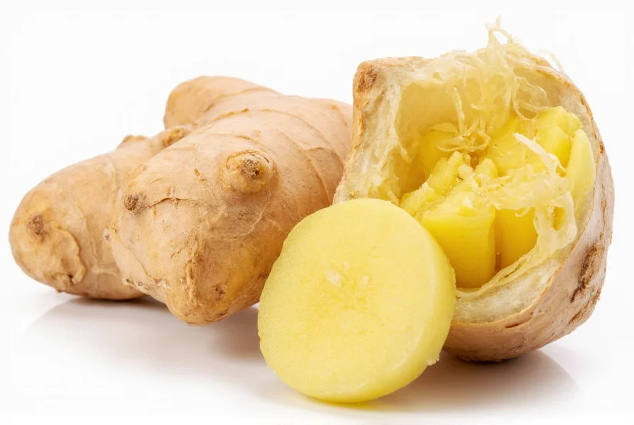 Fresh ginger root with peeled section showing fibrous interior and close-up of ginger slices in a mortar