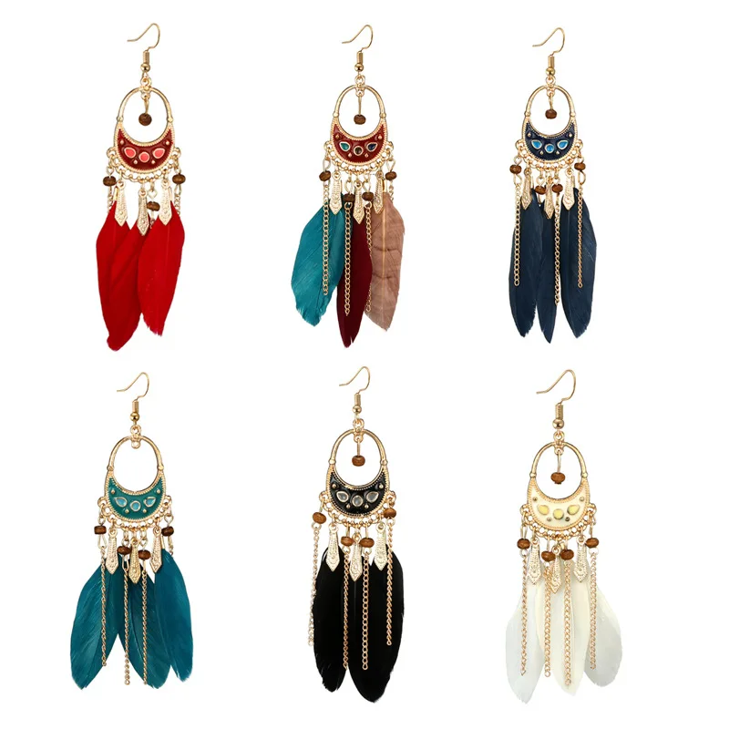 

New 2021 Chain Long Ear Hook Drop Earrings Boho Wooden Beads Feather Earrings, Picture shows