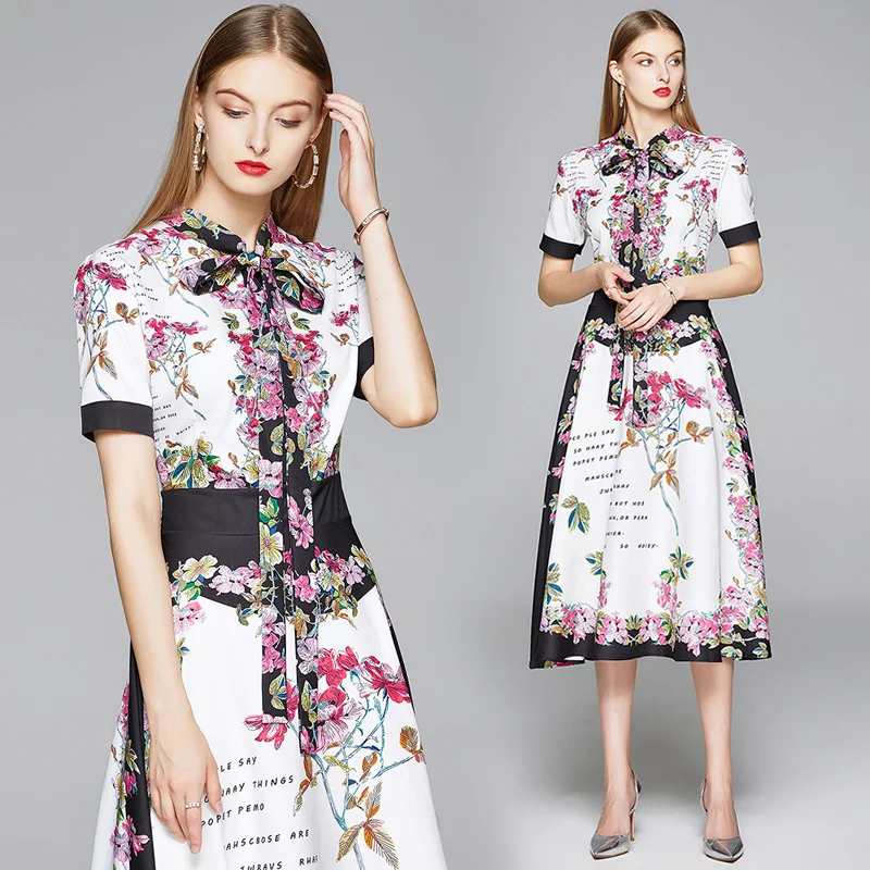 

Ready to ship 2021 new design graceful vintage fashion short sleeve mature women high end clothing floral printed dresses, Picture color