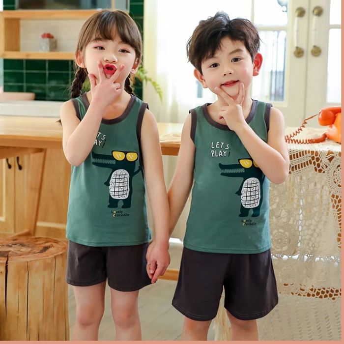 

2021 new kids summer sleeveless clothes boy vest suit baby shorts two-piece suit