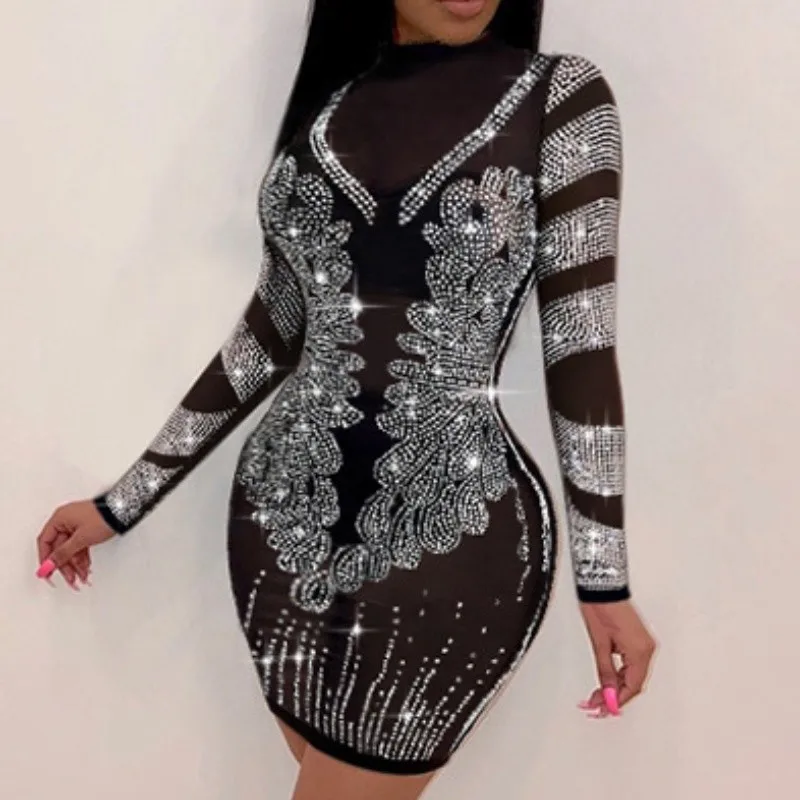 

Sexy Black See Through Sequined Woman Bling Club Party Long Sleeve Women Fitted Short Dresses Bodycon Rhinestone Mini Dress