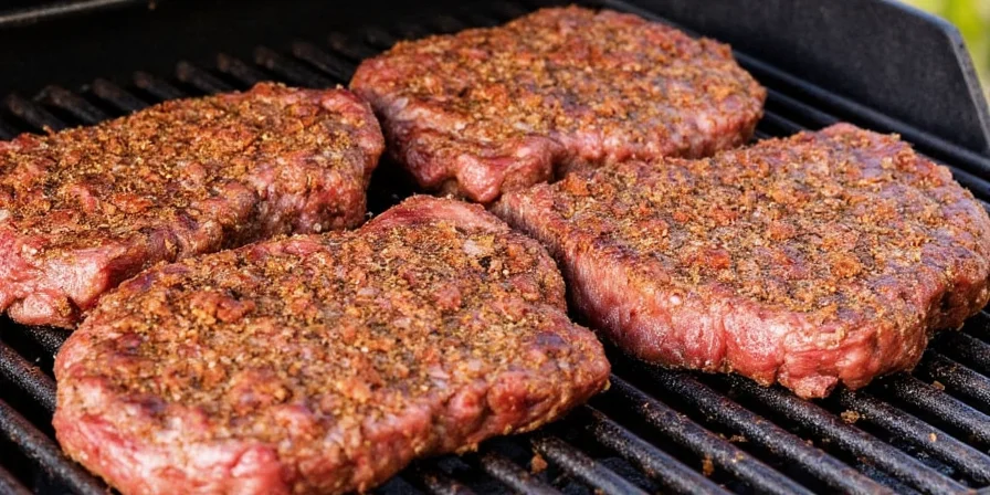 Close-up of steak searing with spices