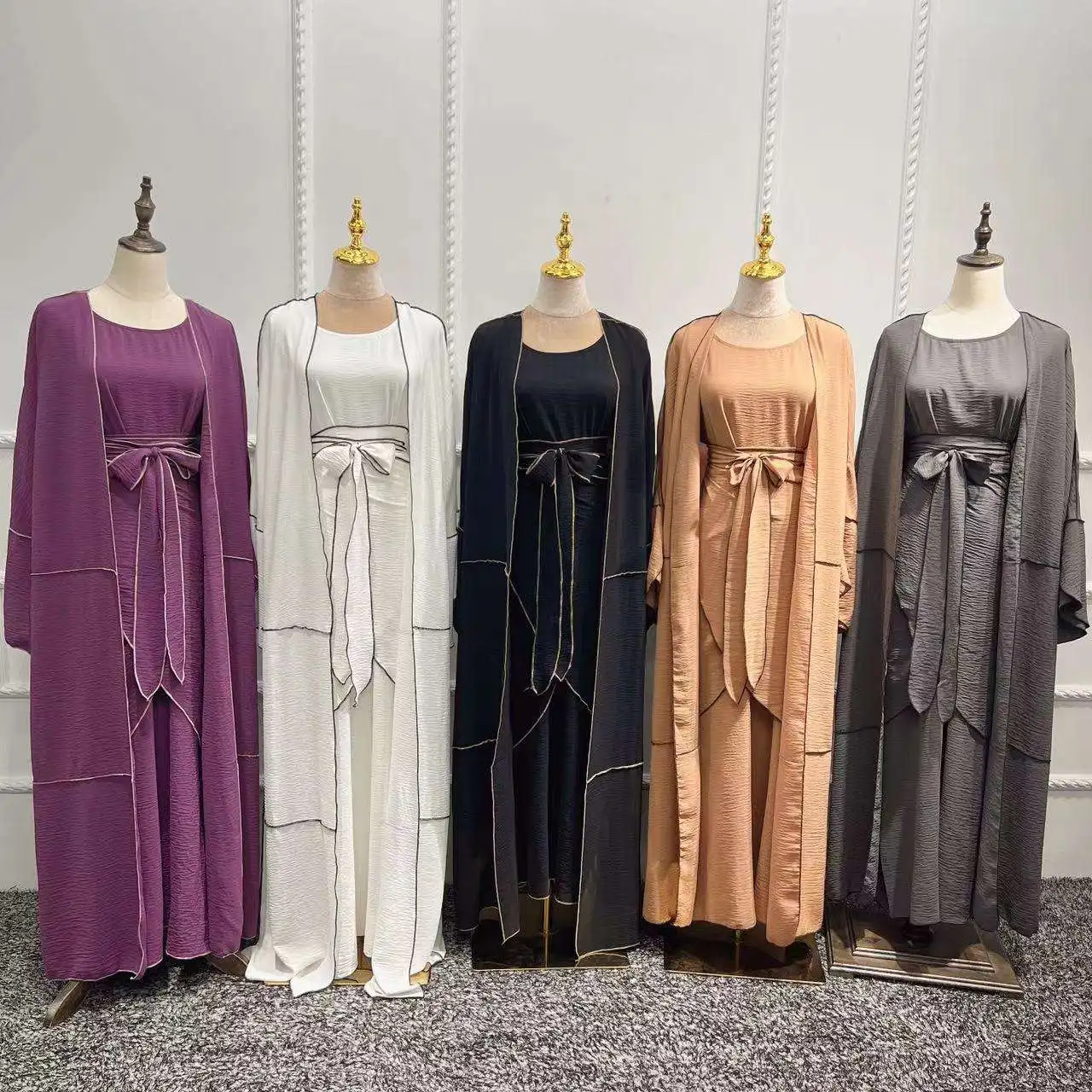 

Wholesale Islamic Clothing 3 Pieces Set Qatar Abaya Designs Solid Color with Edge for Women Muslim Dress Dubai Open Abaya