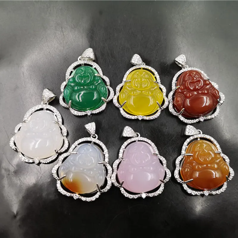 

925 Silver plated Inlaid White Chalcedony Maitreya Buddha Pendant Female Green Agate Laughing jade Buddha Pendant, As pictures