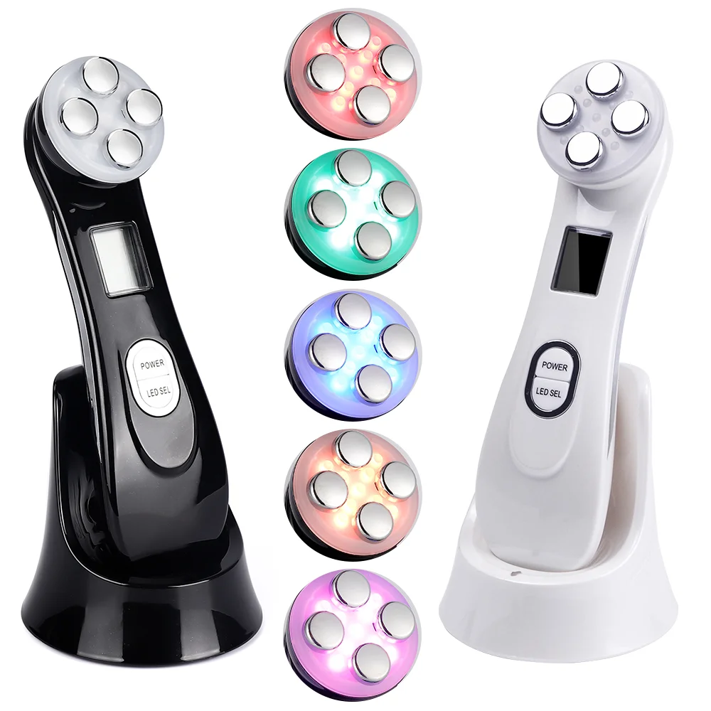 

5 in 1led skin tightening electric wrinkle face lifting beauty personal care face masajeador cleanser ultrasonic facial massager, White/black