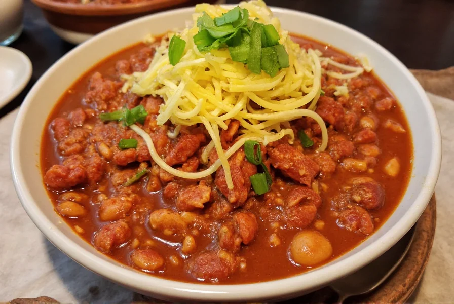 Finished Rons Chili served in bowl with traditional toppings
