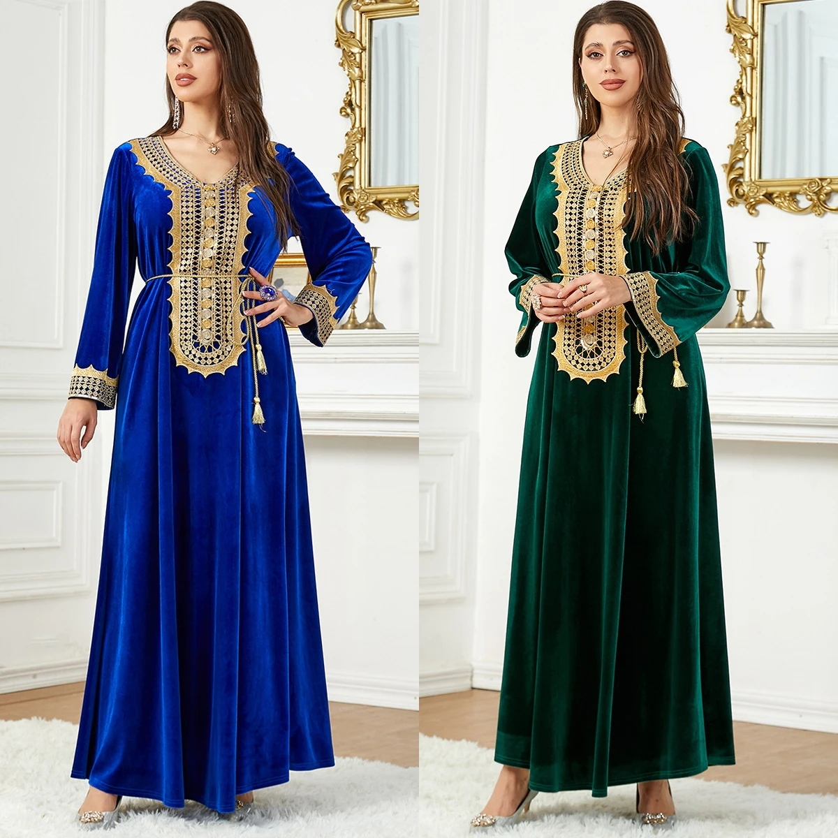 

Solid color Modern elegant evening formal dresses Free belt/gold velvet gilded kaftan Arab Islamic dress