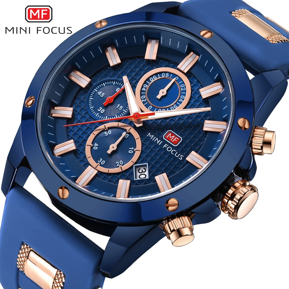 

2020 Mini focus 0089 chronograph quartz watch custom logo waterproof orolo sports watch eloj hombre blue silicone men wristwatch