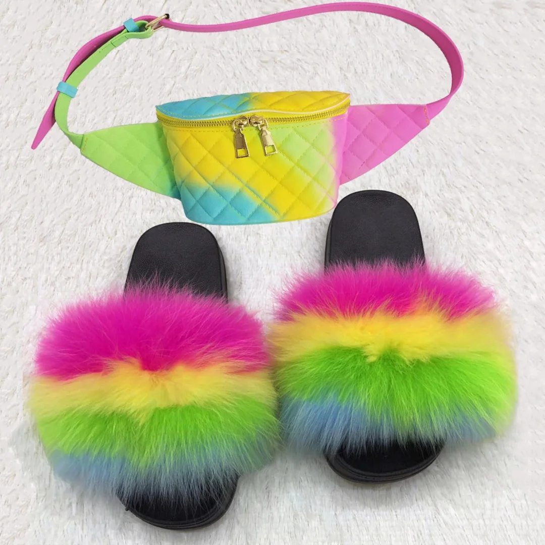 

Size 4-13 Multi-Color Flush Real Soft Women Raccoon Fanny Pack Fox Fur Slides Indoor Slipper Jelly Bag Sets, As picture show or customized