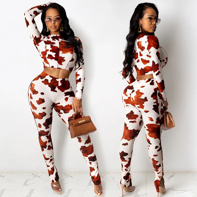 

2021 spring new camouflage long-sleeved T-shirt split trousers casual suit ladies two-piece suit, Brown