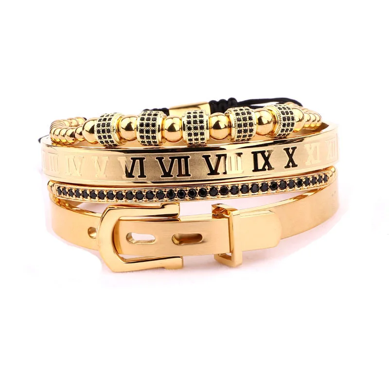 

New design luxury CZ crown charm stainless steel belt bangle macrame bracelet set for men women