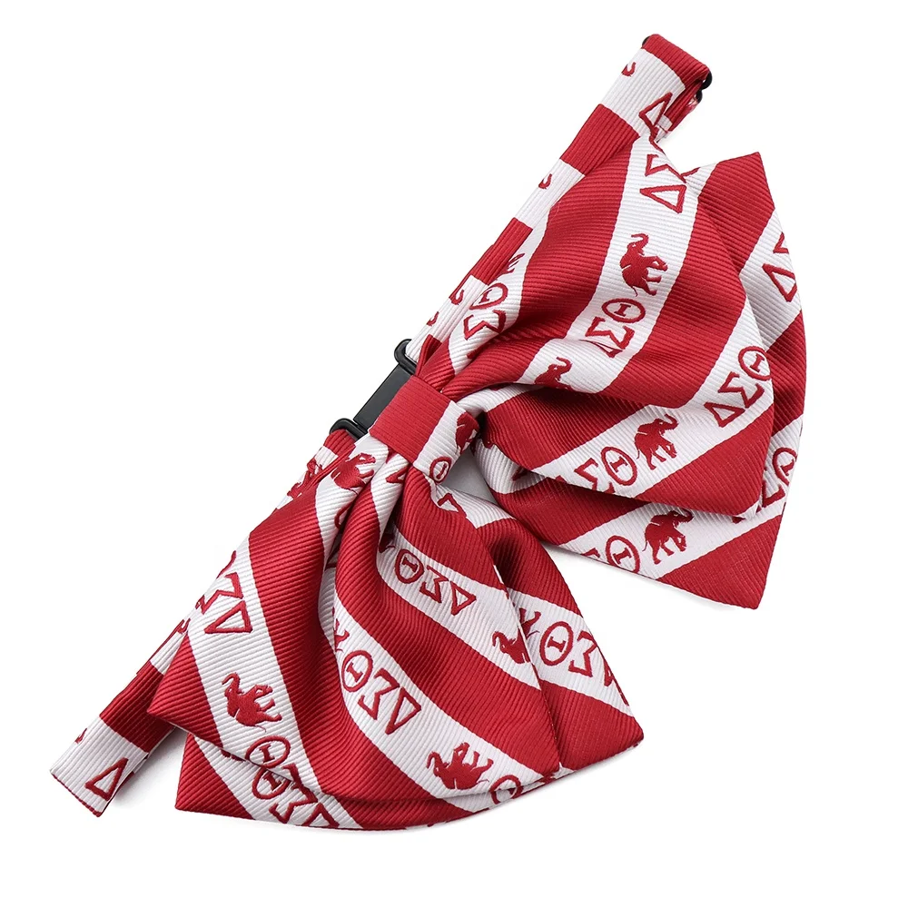 

Fashion Custom Elephant Animal Woven Embroidered Designs Polyester Red White Stripe Female Bow Tie for Sorority Company