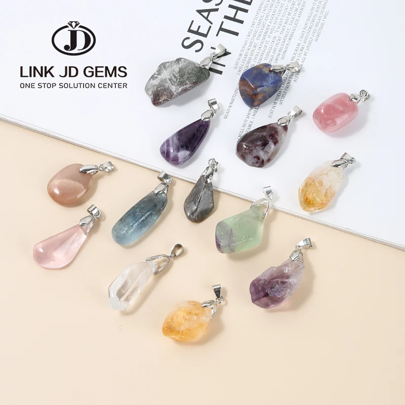 Unique Silver Plated Natural Rose Pink Quartz Crystal Stone Irregular Shape Pendant Charm for Jewelry Necklace Making