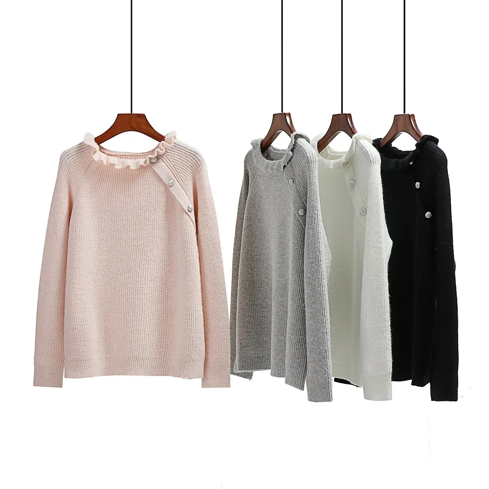 

2021 autumn and winter Amazon new fashion pullover loose solid color button V-neck sweater lotus leaf collar sweater women