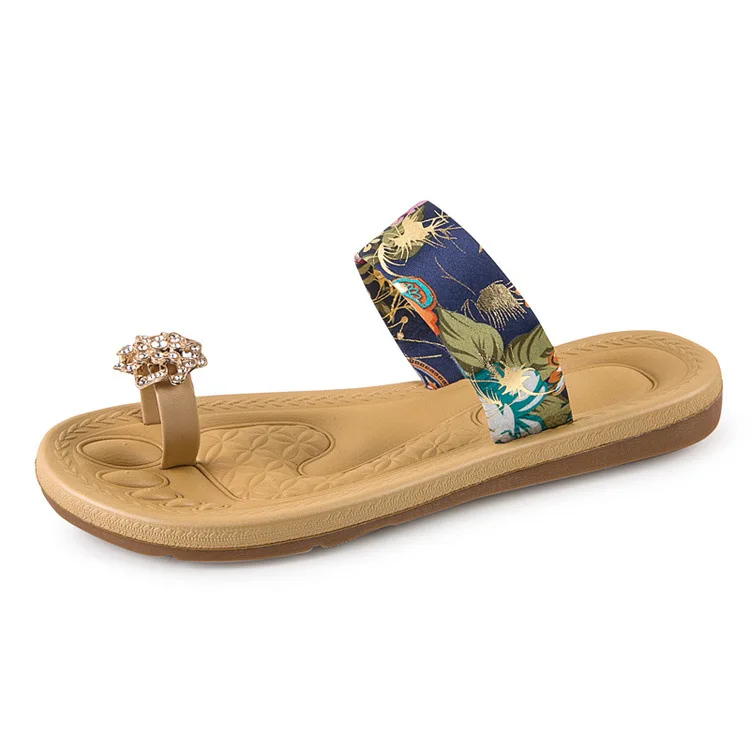 

Factory Sale Retro Ladies Slippers Color Matching Flowers Rhinestone Flat Non-Slip Women Flip Flops Slippers