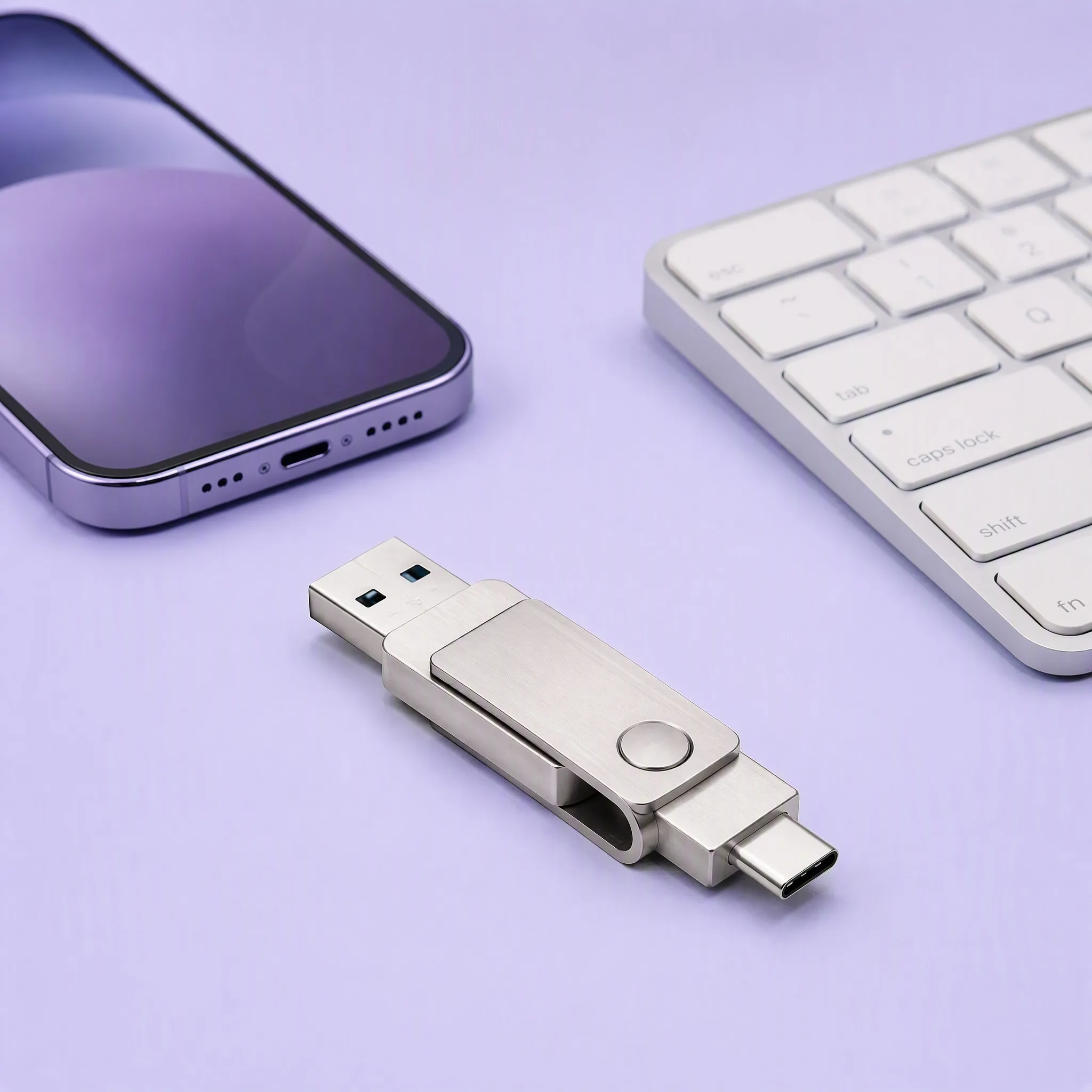 Modern Workstation Desk Setup with Purple Smartphone, White Slim Keyboard, and Dual Swivel USB Flash Drive
