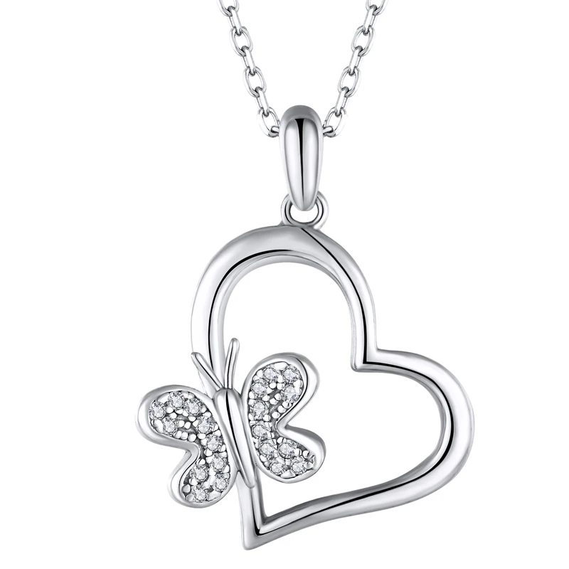 

Wholesale Fashion OEM ODM Rhodium Plated 925 Sterling Silver Romantic Gifts Blinged Iced Out Butterfly Heart Pendant Necklace
