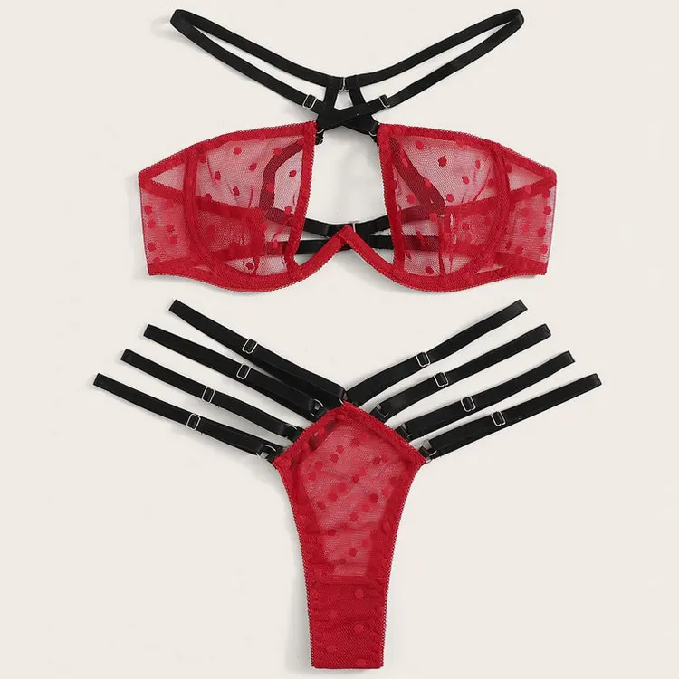 

Crossover shoulder strap with ladder bandage mesh transparent sexy Lingerie set, Red