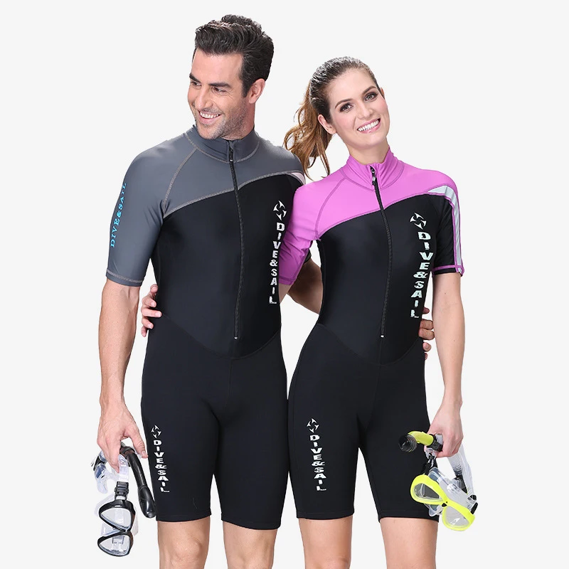 

Hot selling high quality 1.5 mm Warm diving suits for men and women swimwear swim trunks couples one-piece wetsuits, Male (blue, gray) female (purple, red)