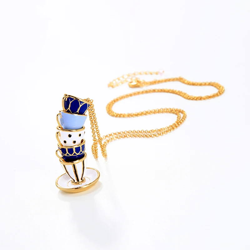 

x0705 High Quality Tea Cups Stacked 3D Enamel Jewelry Brass Chain Luxury Popular Fashion 18K Gold Plated Necklace For Women