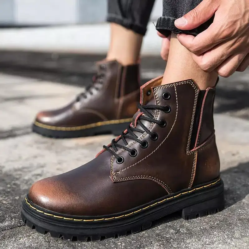 

New Arrival Hot Selling Made in China High-top Fashion Leather Work Boots Outdoor Martin Boots Cool Motorcycle Boots for Men, Black;reddish brown