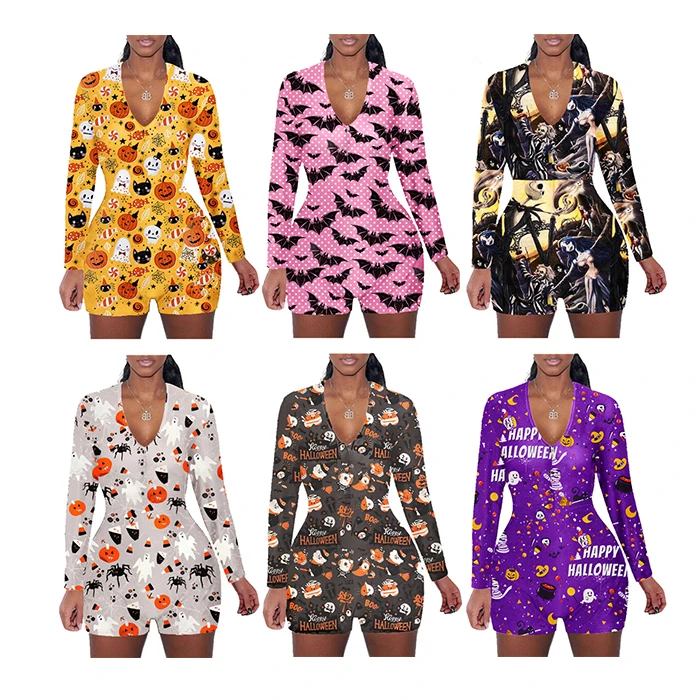 

High Quality Fashion Halloween Style Printed Long Sleeve Short Pants One Piece Women Winter Onesie Pajamas