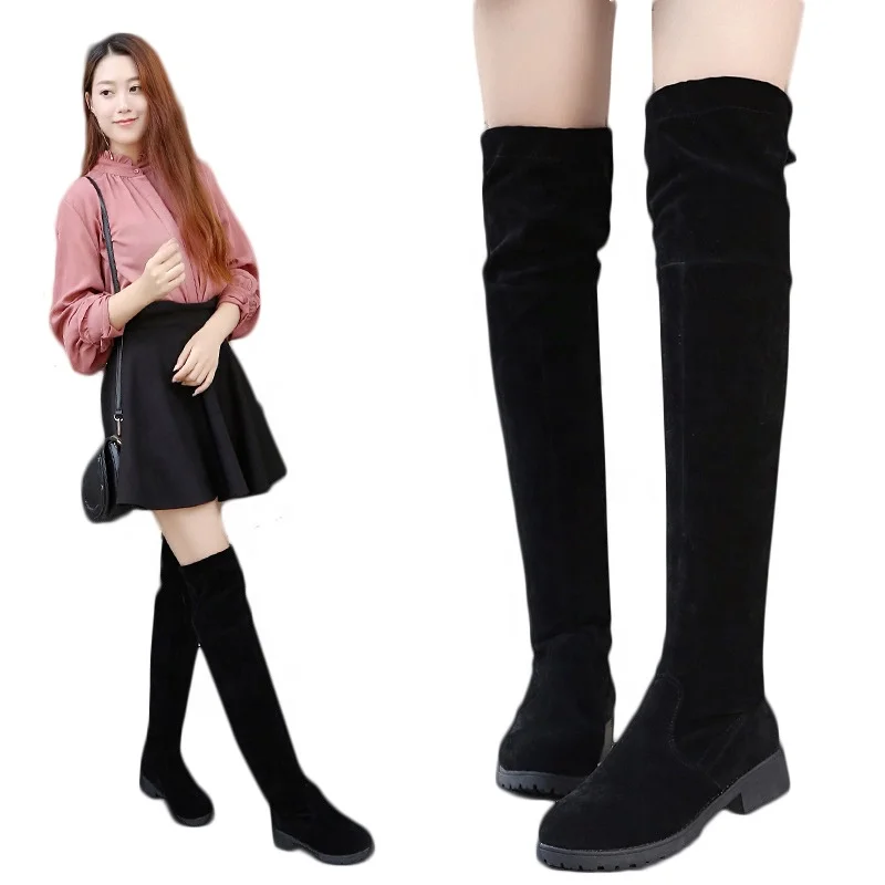 

2021 Hot Selling Women's Boots Solid Color Suede Low Heel Round Toe Over the Knee Womens Sock Boots