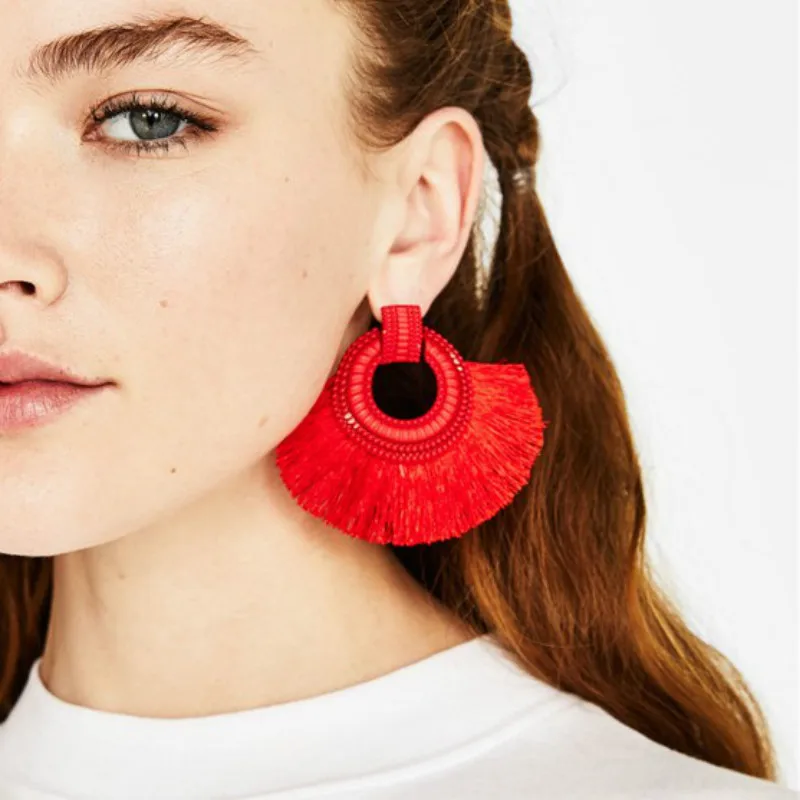

Bohemian Fan Shaped Tassel Earrings Female Handmade Charm Earrings Personality Fringe Earrings for Women Jewelry Accessories, Black, lake blue, pink, red, white, yellow