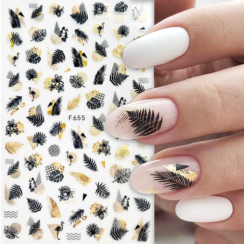 

New Design Black Laser Gold Autumn Leaf Nail Sticker Wraps Adhesive Shiny DIY Nail Decoration Coconut Tree Leaf 3D Nail Sticker