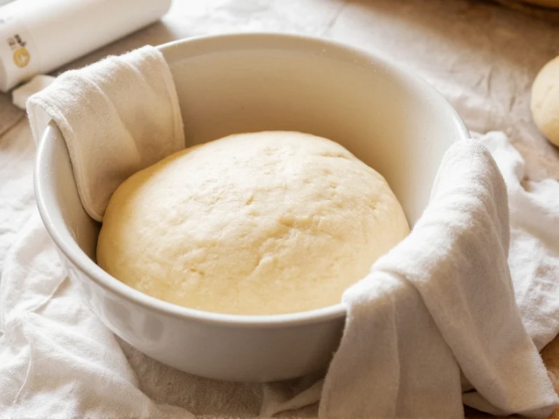 Homemade roll dough resting in bowl with damp cloth
