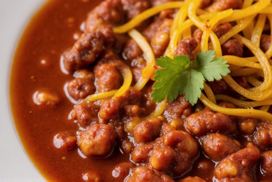 Close up of award winning chili con carne recipe with maple syrup showing texture and ingredients