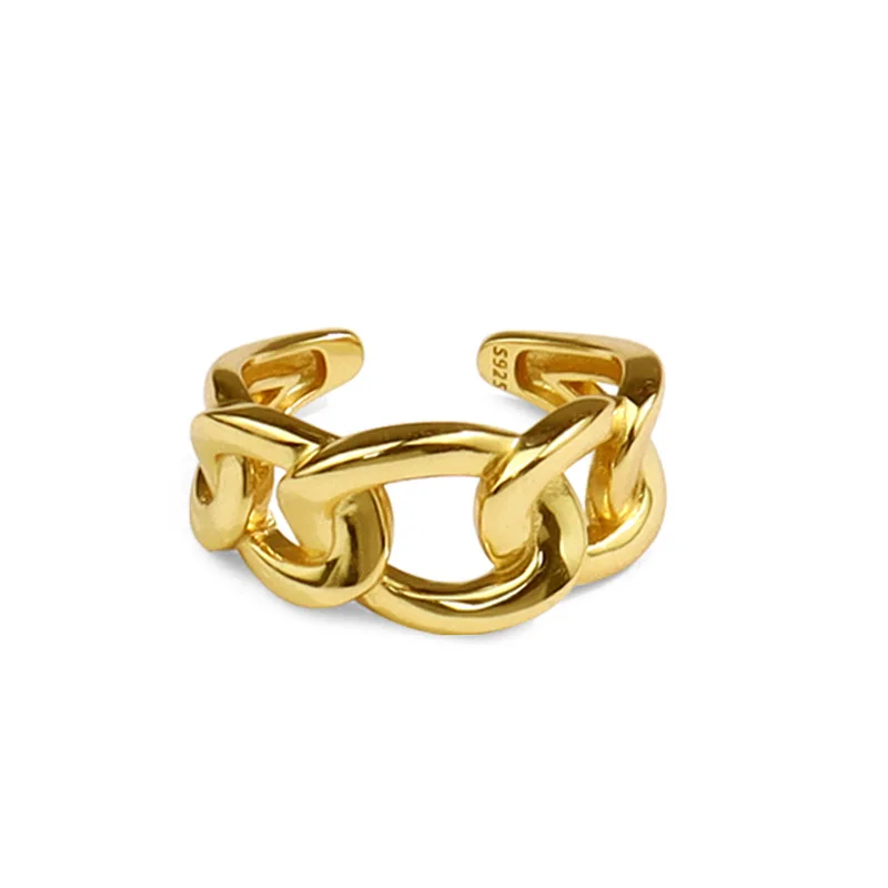 

Fashion Cuban Chain Link Ring For Women 18K Gold Copper Plated Open Ring S925 Sterling Silver Adjustable Ring, Gold silver ring