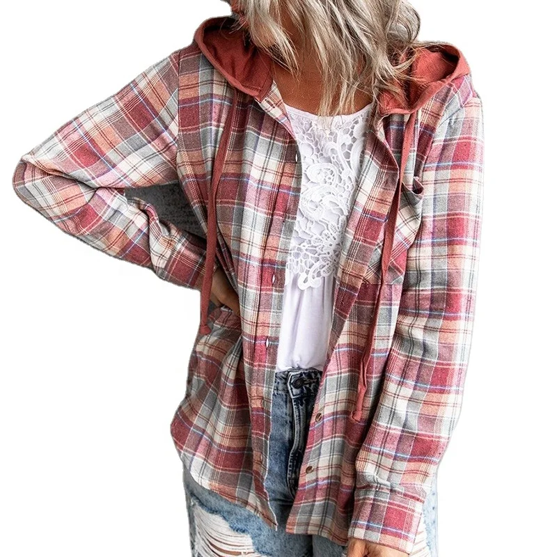

New Fashion Cute Casual Women Plaid Hooded Button Up Top Ladies Plaid Hoodie, Picture color