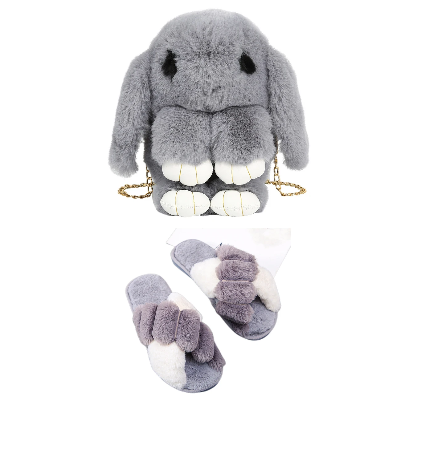 

Matching purple shoes and bag 2021 newest women's furry slippers matching rabbit purse ladies winter keep warm fur slippers, Many style