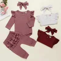 

TZ-1688-014 Ribbed 3pcs/ set Ruffle Ribbed Rompers & pants and headband set fall new born baby girl clothes sets