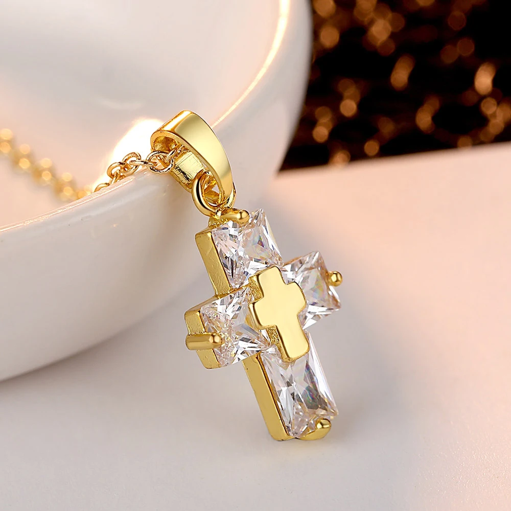 

HPXmas Wholesale Christian Zircon Cross Pendant Necklace Gold Plated Crystal Cross Necklace For Girls