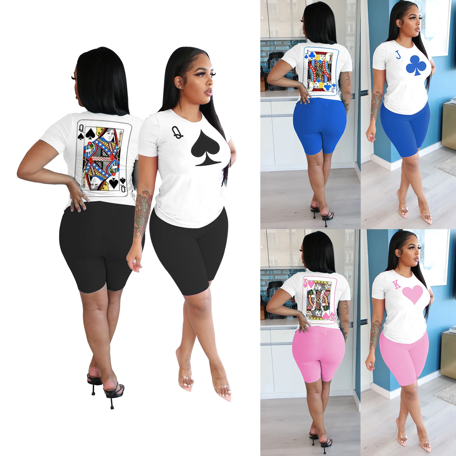 

Sexy Club Poker Printed T Shirt and Shorts 2 Piece Set Women, As shown