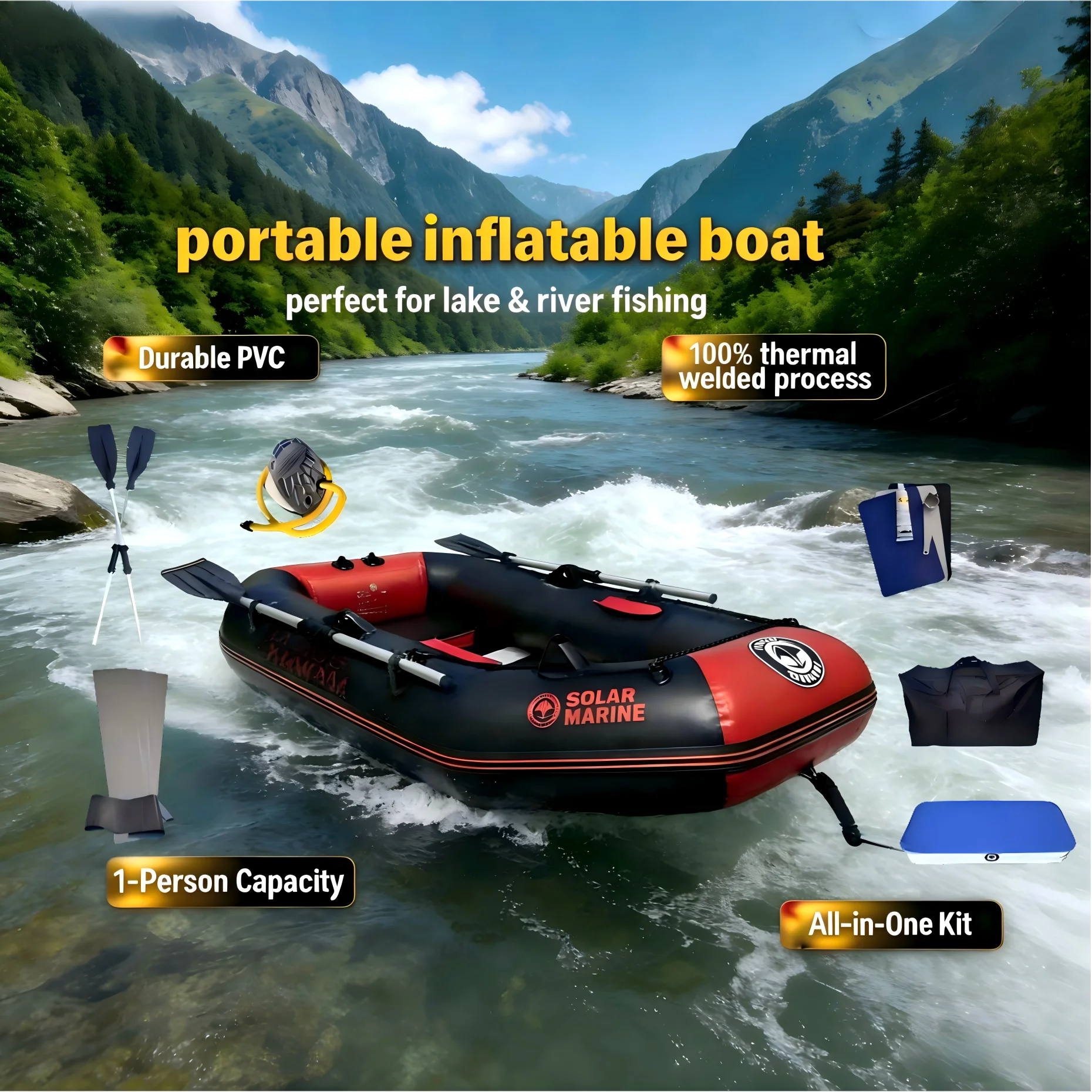 B175 1 Person 175cm Inflatable Rowing Boat Kayak Canoe Drifting Raft Dinghy Hovercraft Outdoor Fishing Diving Surfing Wood Floor
