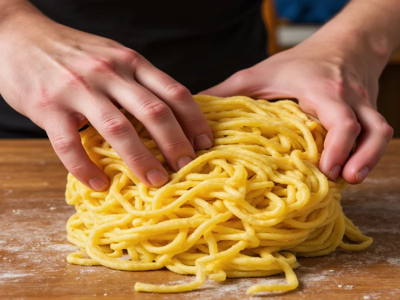 Hands kneading golden noodle dough on wooden table