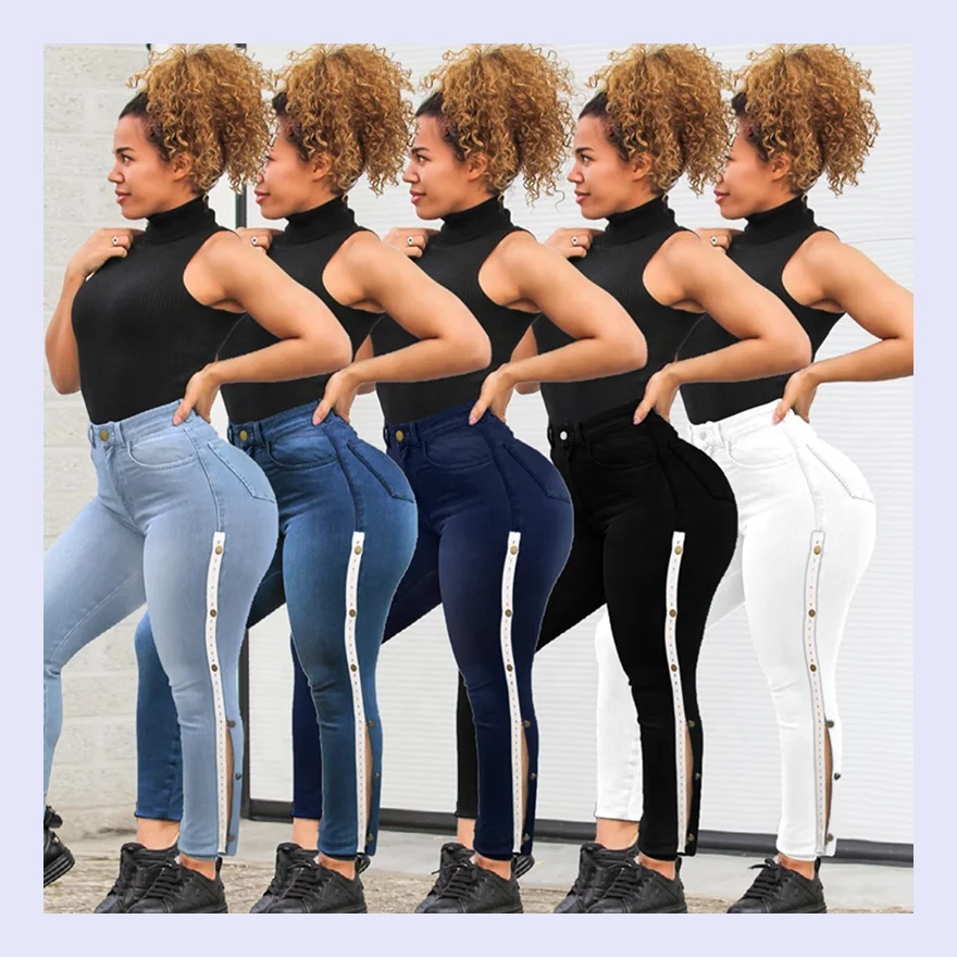 

2021 Latest Denim Button Up Side Plus Size Skinny Jeans For Fat Women, White,light blue, black, blue, dark blue