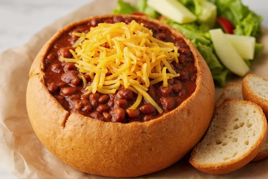 Panera Bread chili served in a bread bowl with side salad