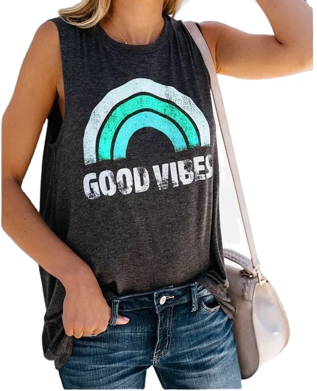 

Women's GOOD VIBES Letter Print Vest Round Neck Sleeveless T-shirt