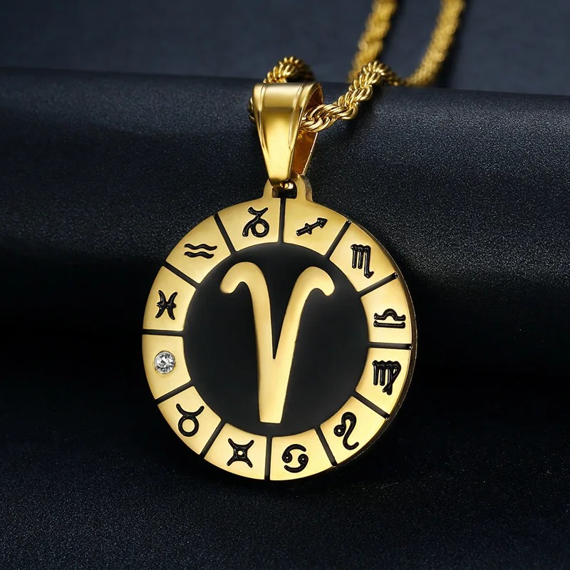 

Hot Sale 12 Zodiac Sign Astrology Jewelry Pendant Custom Stainless Steel Diamond Horoscope Aries Zodiac Gold Necklace Pendant, Silver , gold plated, rose gold
