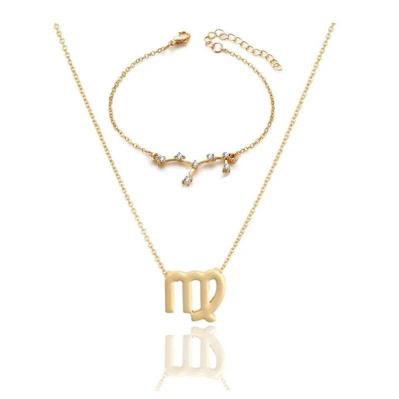 

2021 Hot Twelve Chin Constellation Necklace Diamond Zodiac sign Bracelet Set for Gift, Gold ,sliver