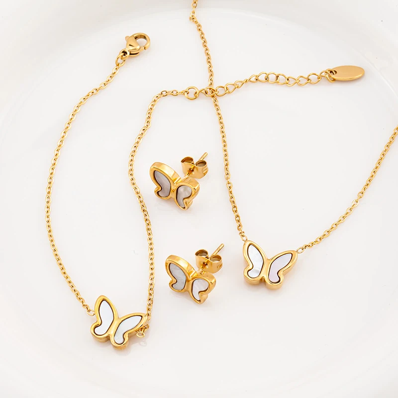 18k Gold Plated Stainless Steel Butterfly Earrings bracelet Necklace Set Women Jewelry Shell Jewelry Set