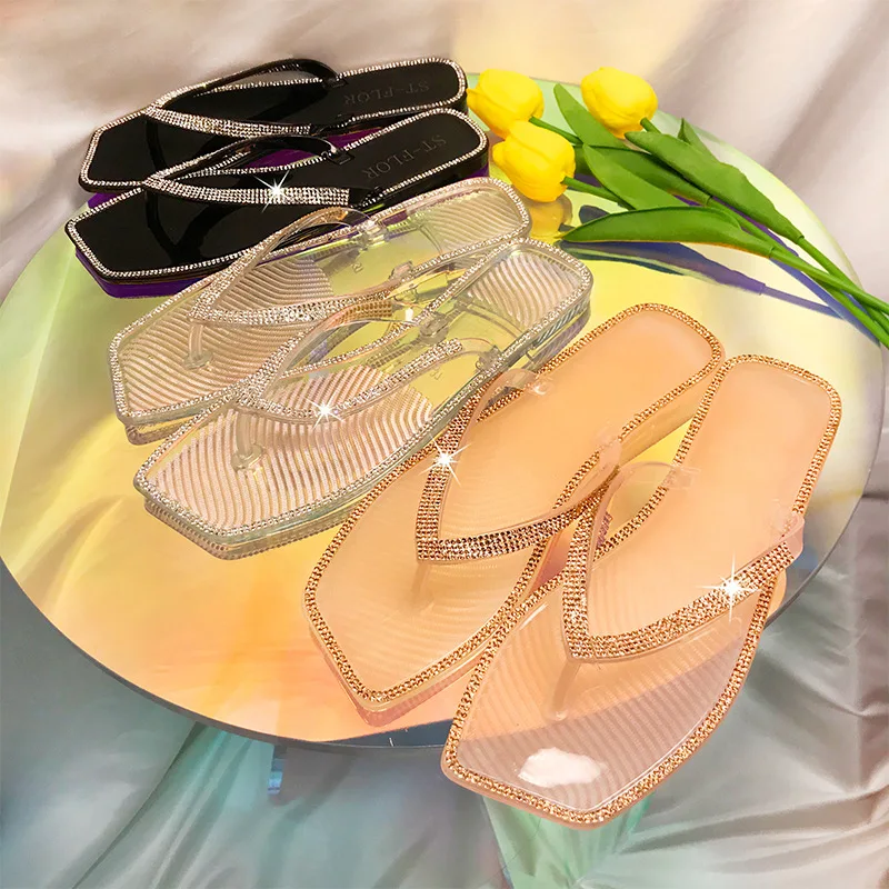 

210505-5 37-41 European and American new colorful square toe flat bottom crystal jelly flip-flops women's outer wearslippers
