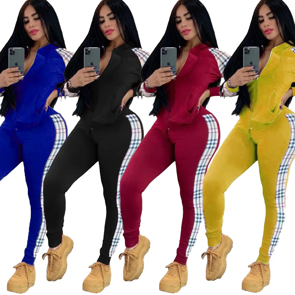 

New European and American Women's Clothing Solid Color Stitching Plaid Two-piece Jacket with Hood, Picture