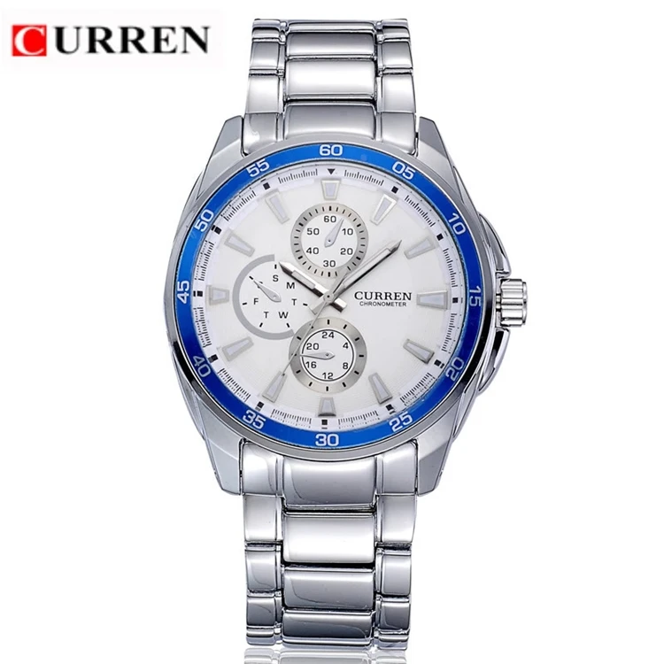 

CURREN 8076 Casual Chronometer Quartz Watch with Round Dial/Embedded Dials/Strip Scale-Blue