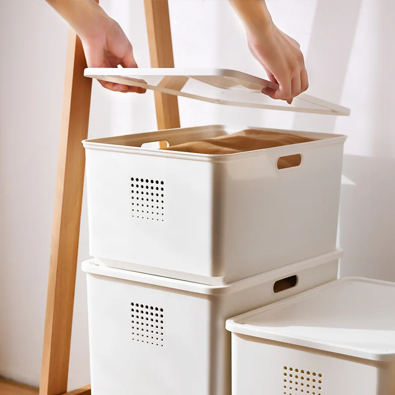 

Japanese-style desktop storage box kitchen cabinet sundries sorting storage basket plastic living room snacks with lid toys, White